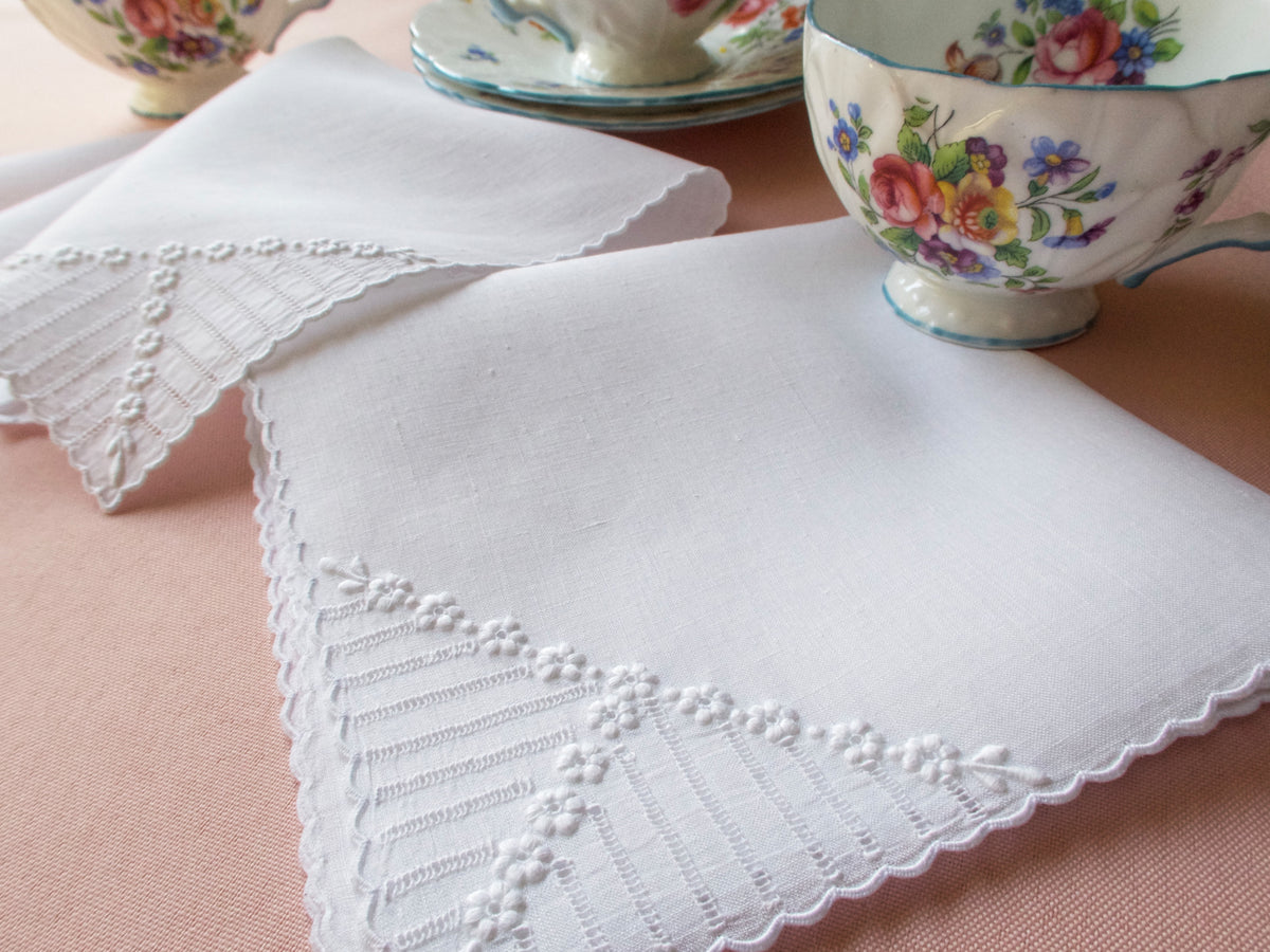 &quot;Flowerlace&quot; Vintage Marghab White Linen Tea Napkins, Set of 12