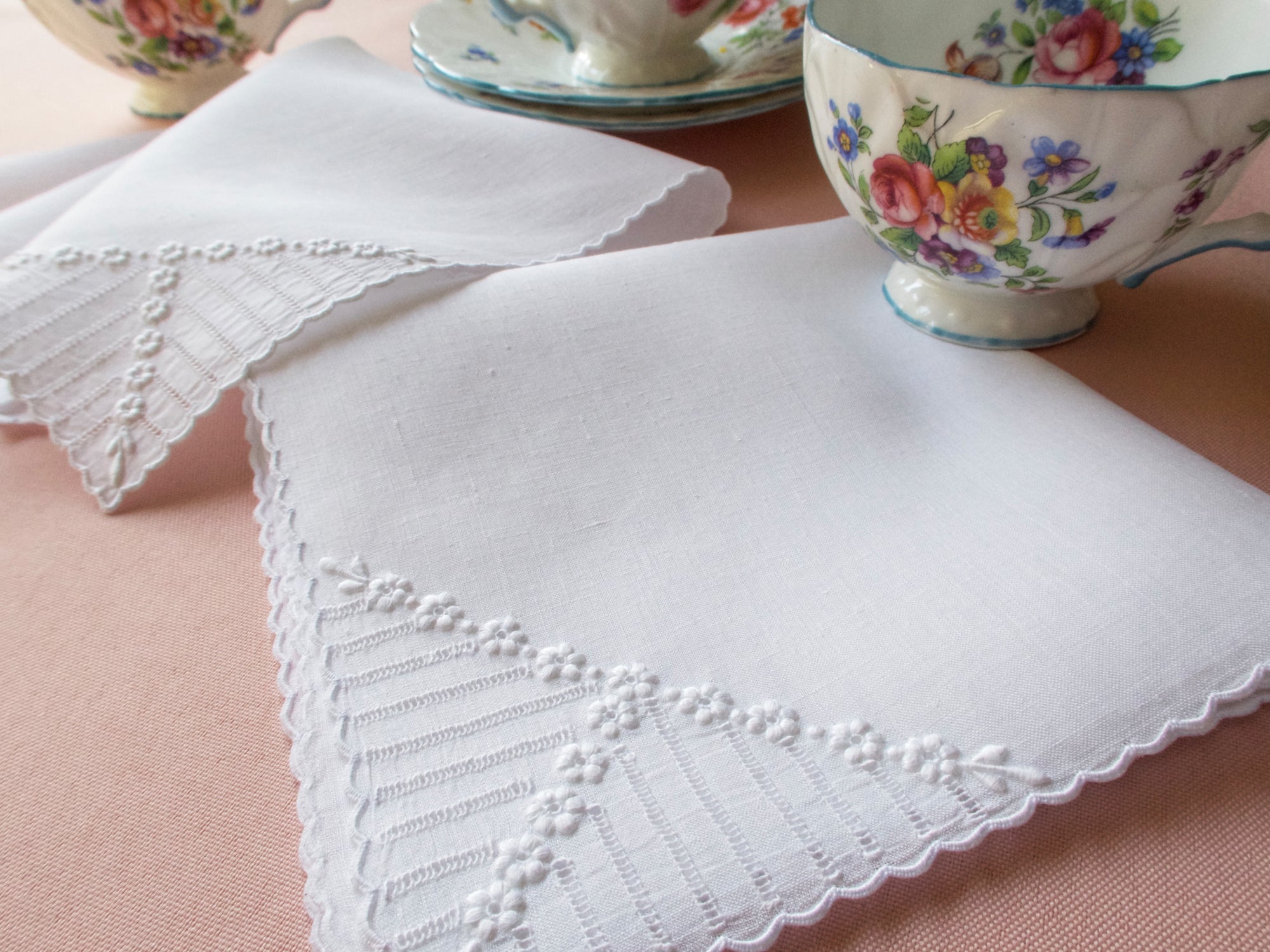 "Flowerlace" Vintage Marghab White Linen Tea Napkins, Set of 12