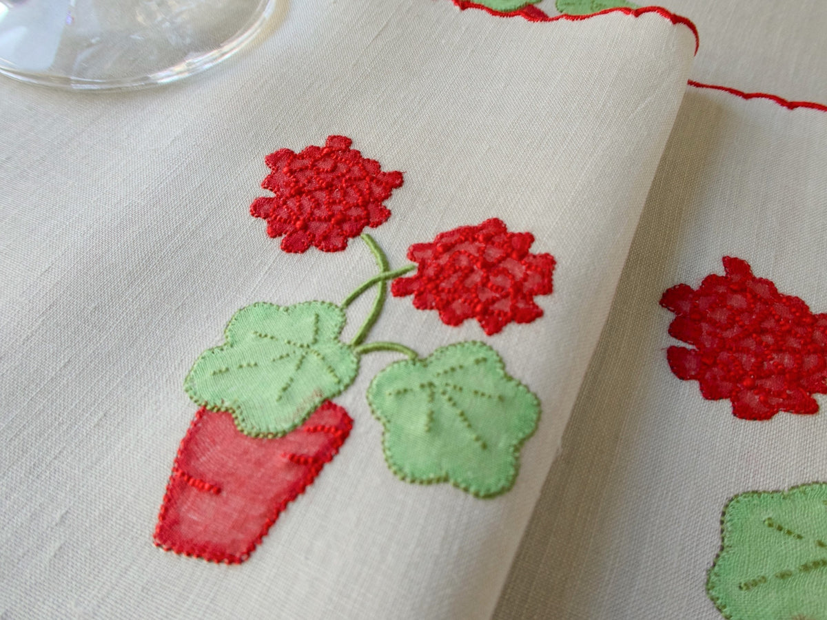 Closeup of "Geranium" in Red Marghab Linen Cocktail Napkins