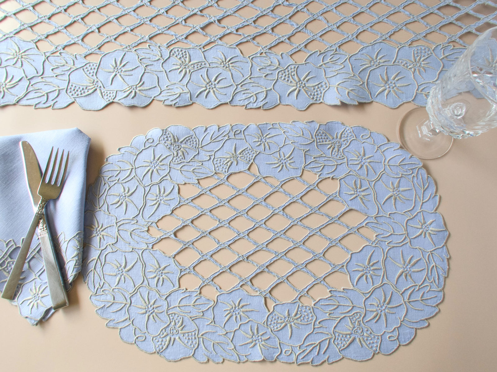 Vintage Madeira blue linen placemat set with table runner, morning glory embroidery and open lattice work