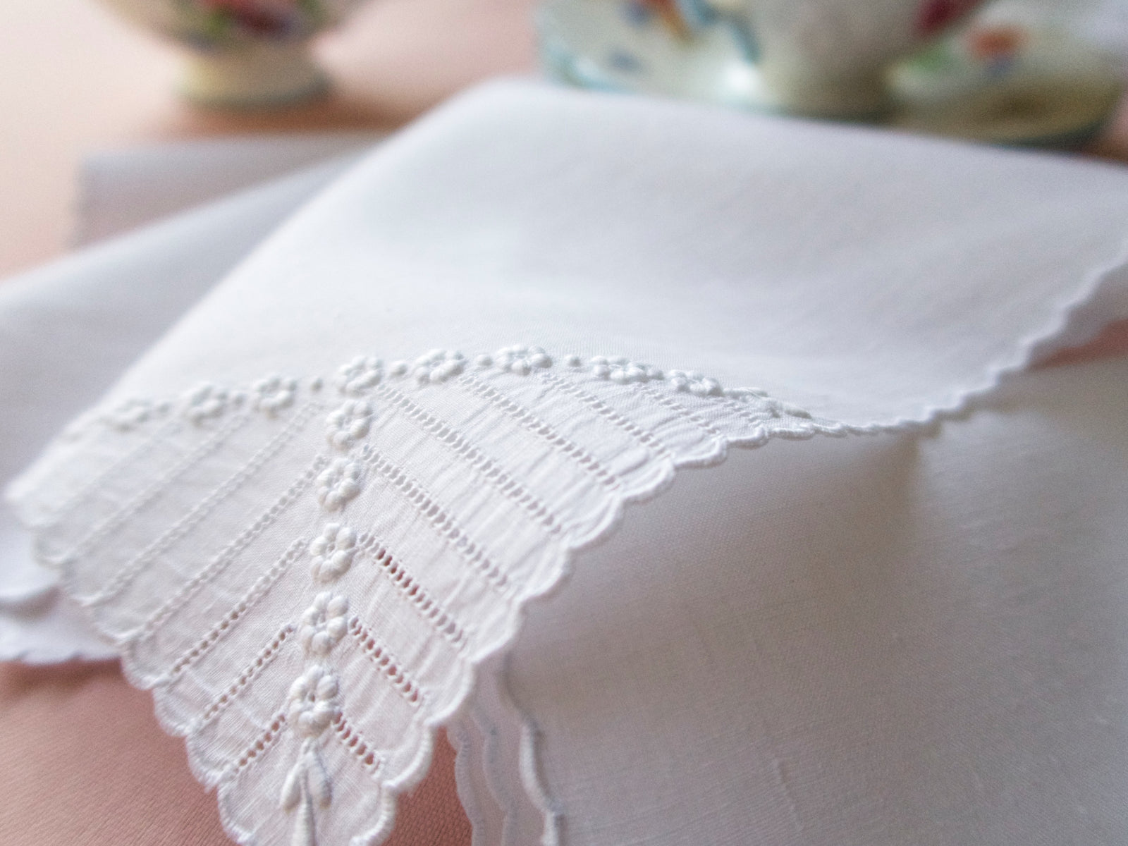 "Flowerlace" Vintage Marghab White Linen Tea Napkins, Set of 12