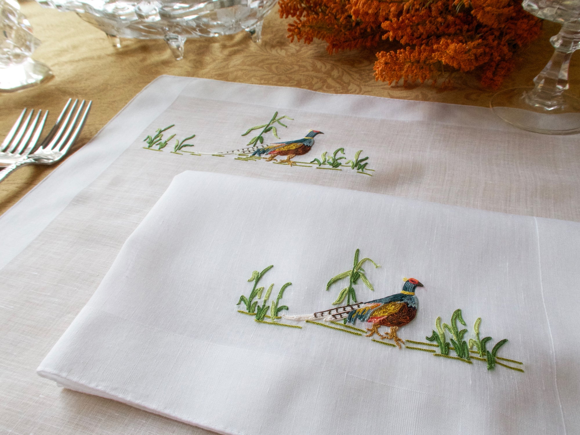 Pheasants Vintage French Embroidered Linen 24 pc Placemat Set for 12