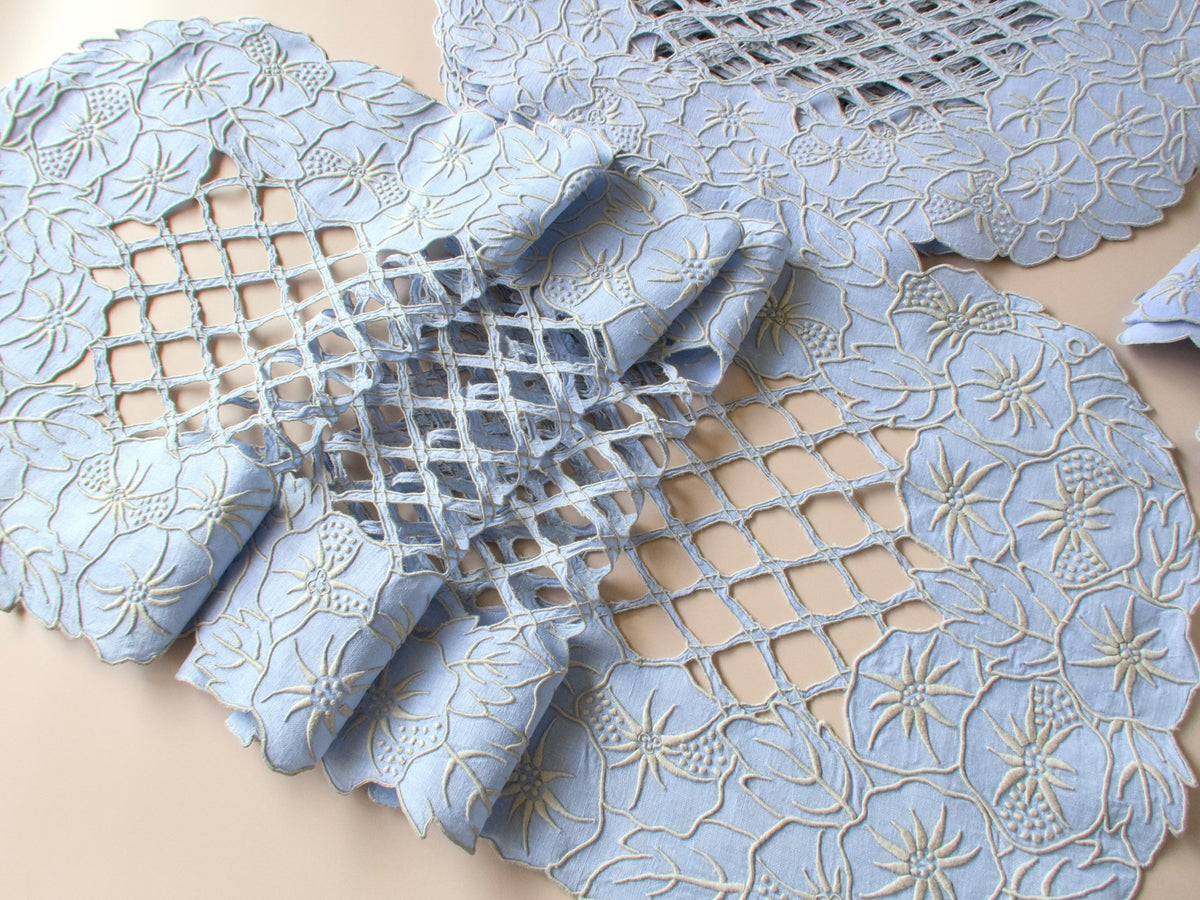 Vintage Madeira blue linen placemat set with table runner, morning glory embroidery and open lattice work