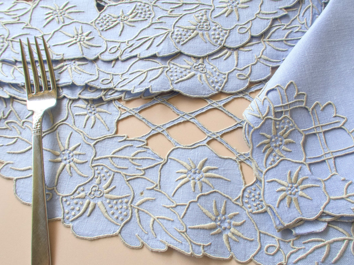 Small hole in one placemat, vintage Madeira blue morning glory linen placemat set​​​​​​​​​​​​​​​​