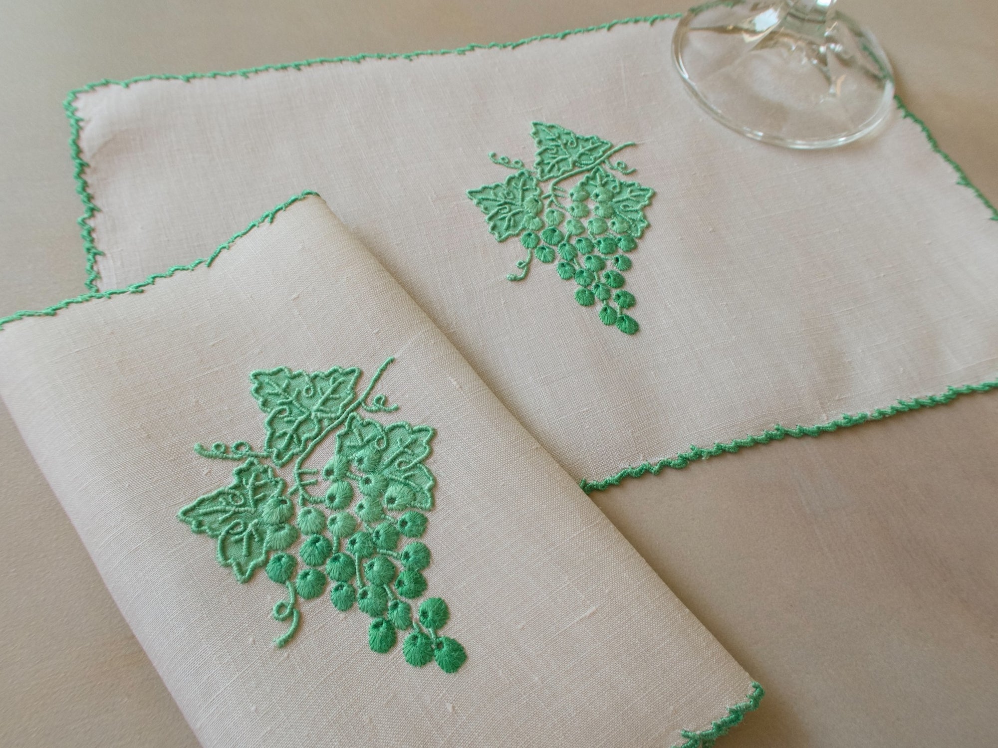 Vintage Marghab Grape & Leaf cocktail napkins, green hand embroidery on linen with grape cluster motif, handmade in Madeira.