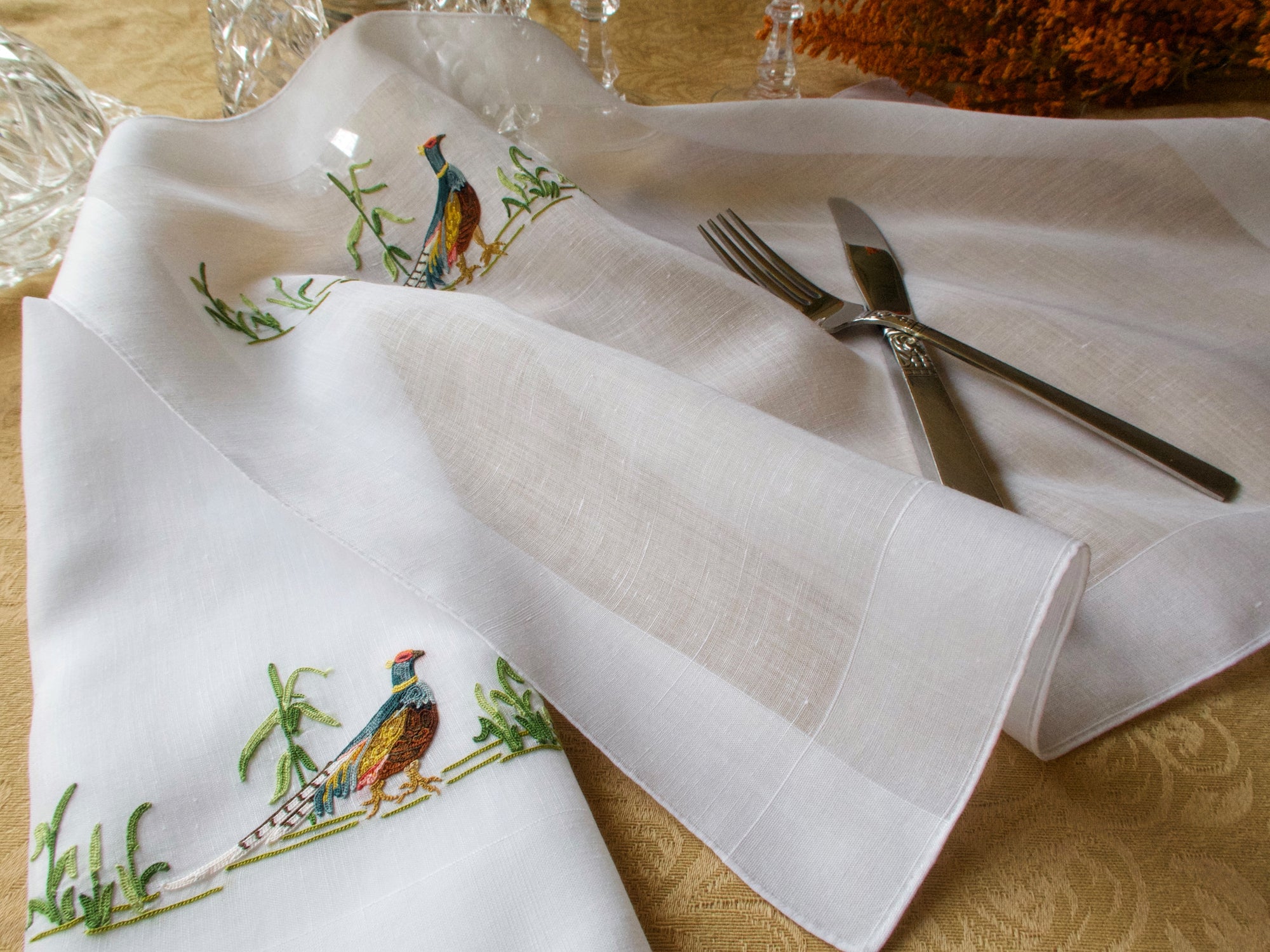 Pheasants Vintage French Embroidered Linen 24 pc Placemat Set for 12