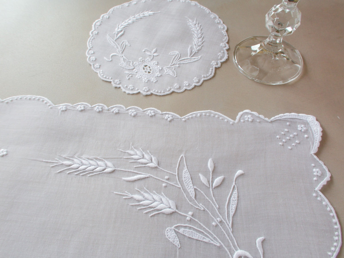 Marghab Wheat white organdy coaster, vintage Madeira handwork.