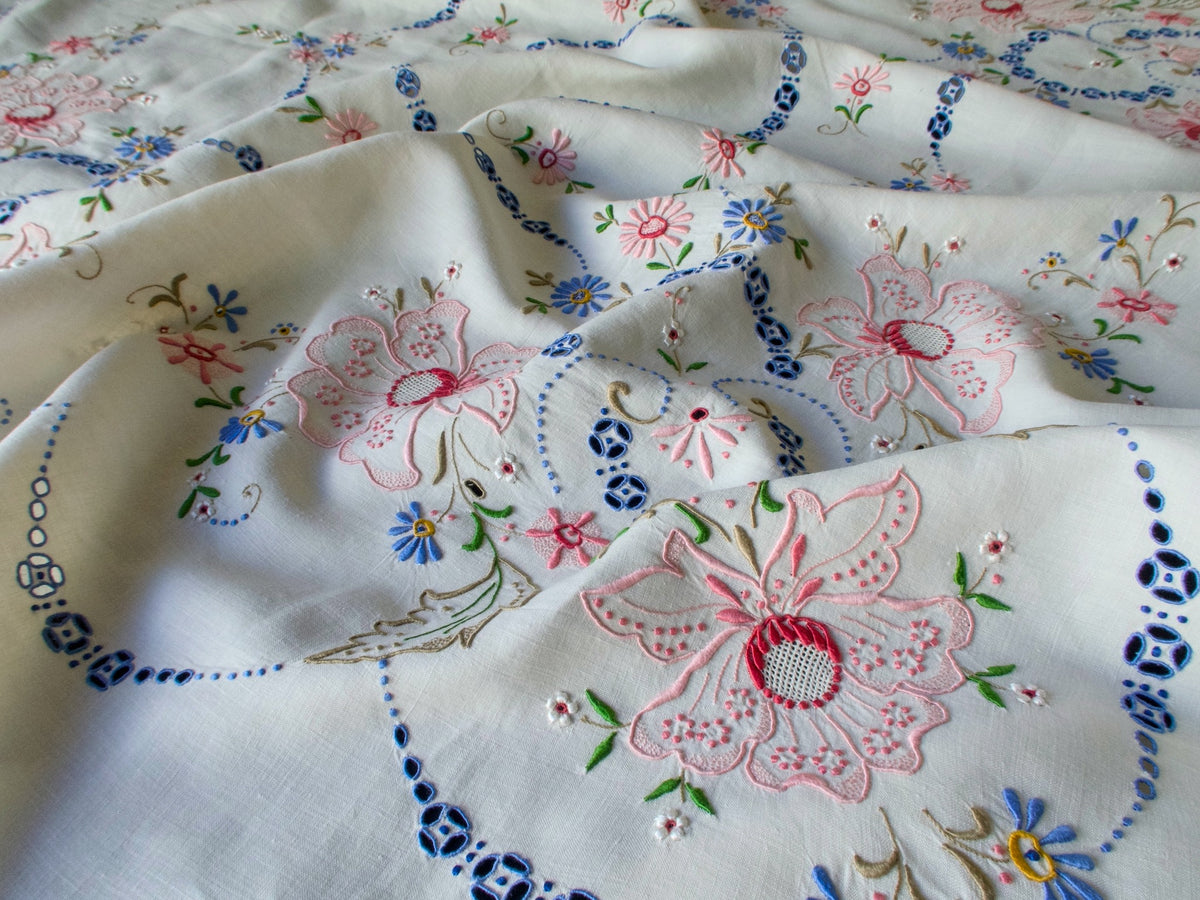 Colorful Vintage Madeira Embroidered Tablecloth 50x50&quot;
