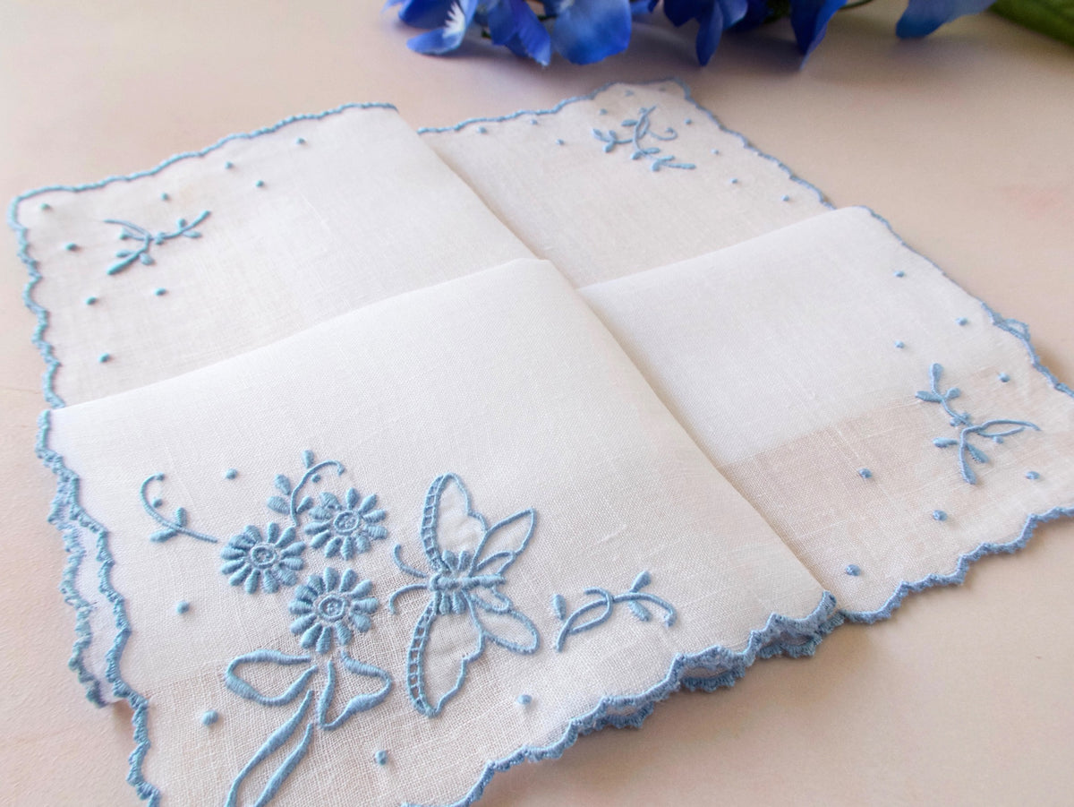 &quot;Butterfly&quot; in Blue Vintage Marghab Madeira Hanky 10.5&quot;
