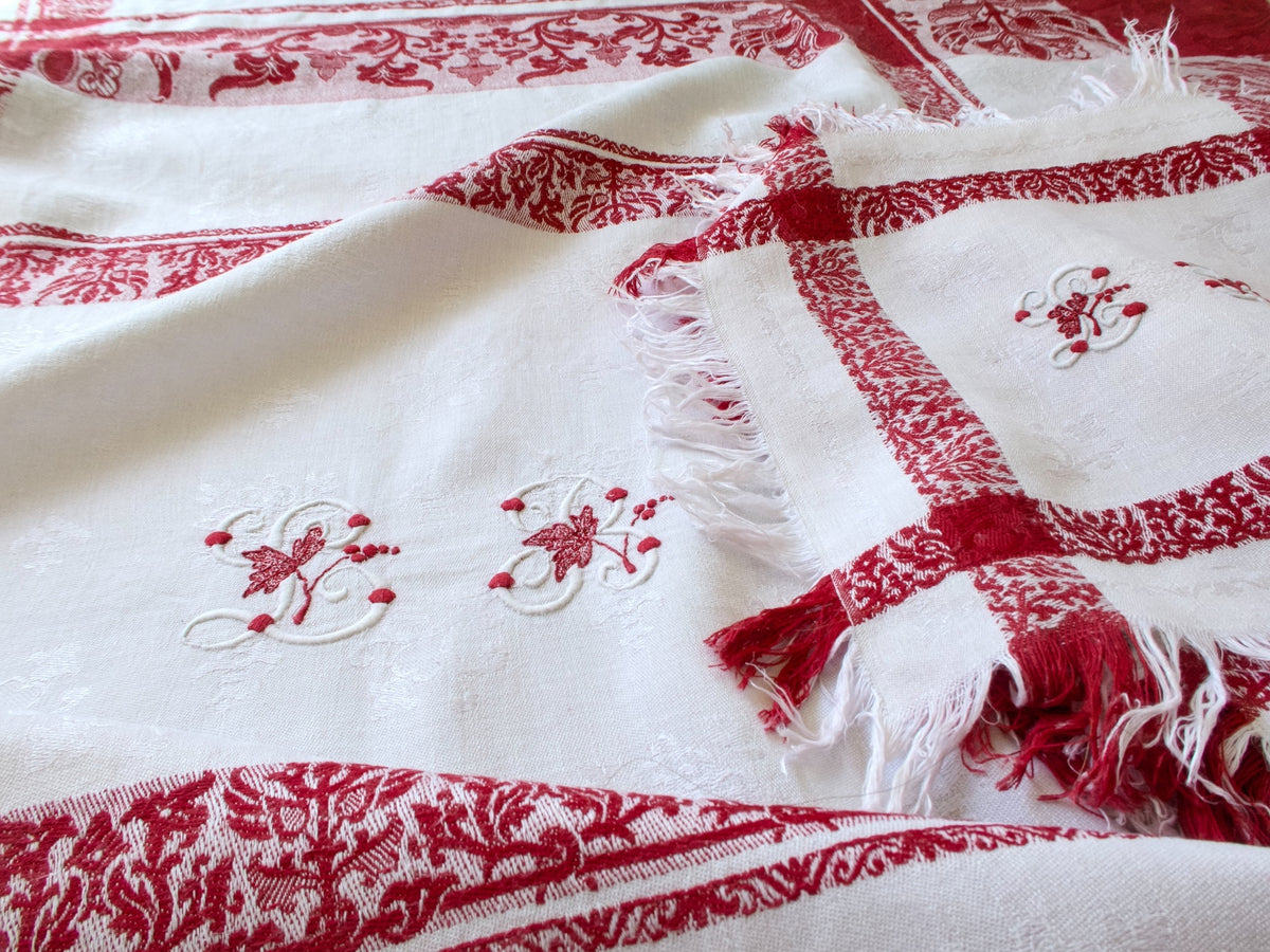 Close-up of the tablecloth and napkin, showing the woven red borders, LB 