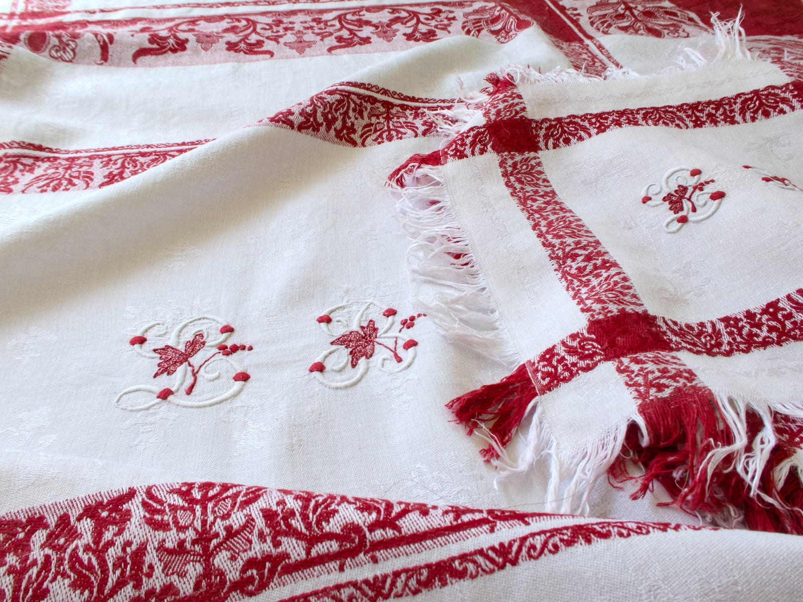 Close-up of the tablecloth and napkin, showing the woven red borders, LB 