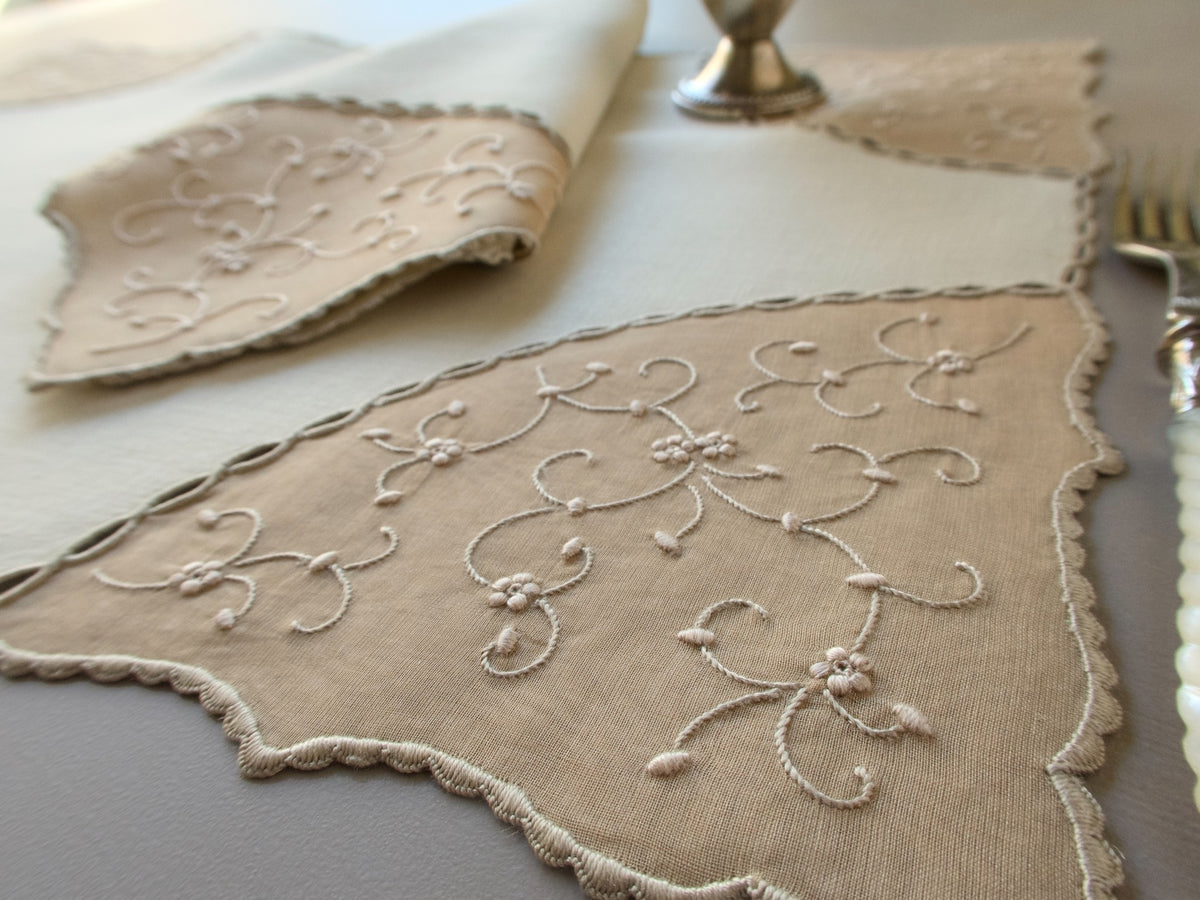 Vintage Marghab “Open Lacing” placemat and napkin set, hand embroidered in Madeira on fine linen and organdy with tone-on-tone floral motifs and delicate caseado bastido edges.