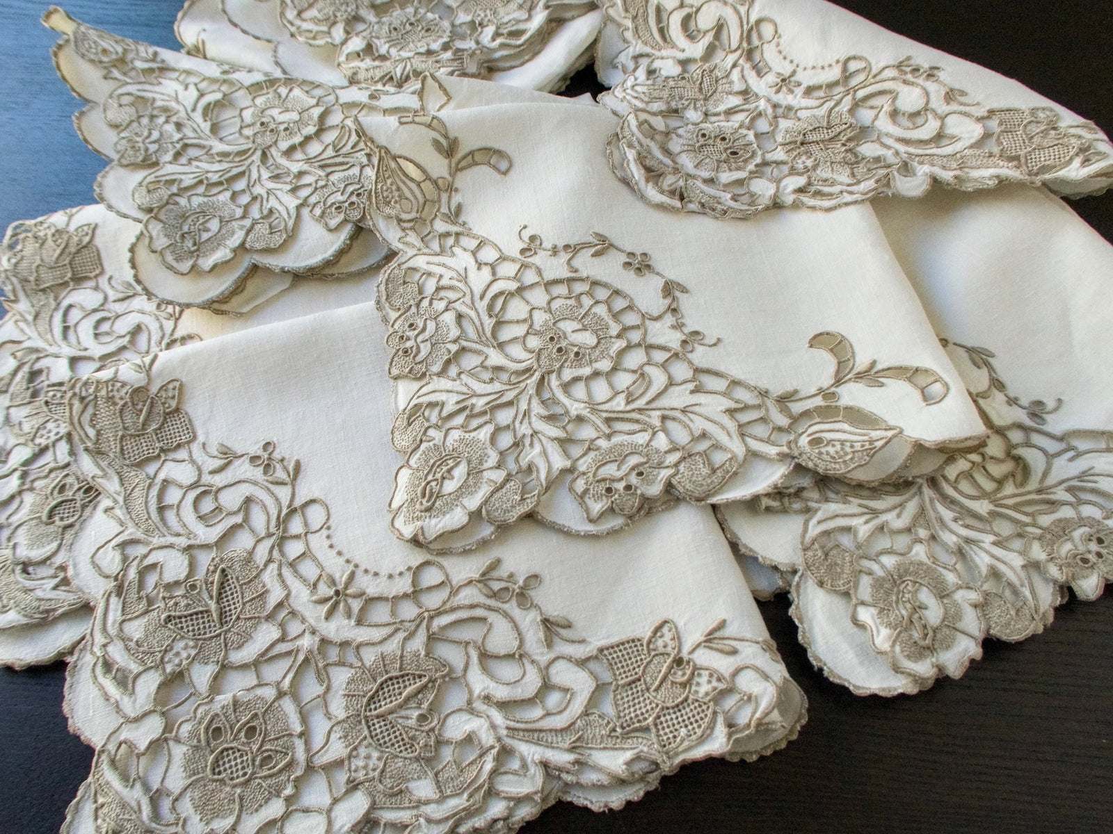 Elaborate Vintage Madeira Richelieu Linen Napkins, Set of 12