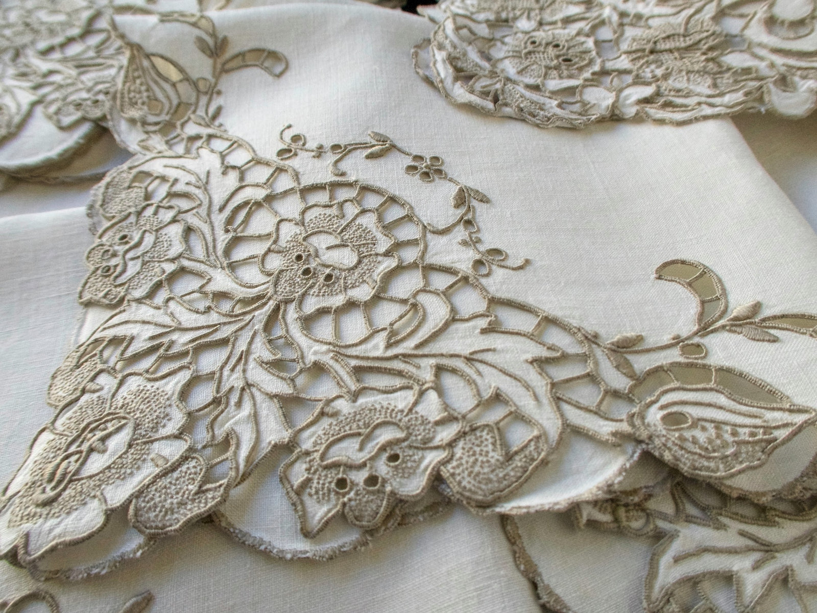 Elaborate Vintage Madeira Richelieu Linen Napkins, Set of 12