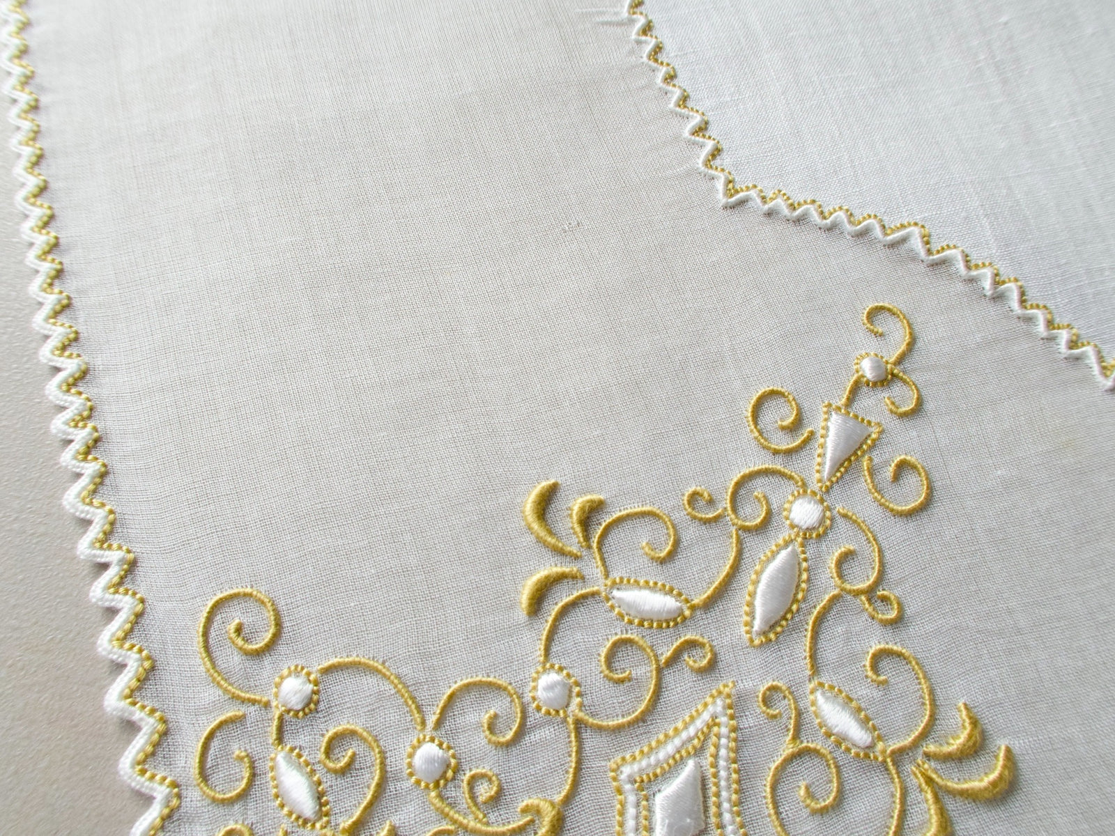 Vintage Marghab handkerchief in the “Jewel” pattern, with gold embroidery on sheer organdy and a linen center. Hand embroidered in Madeira.