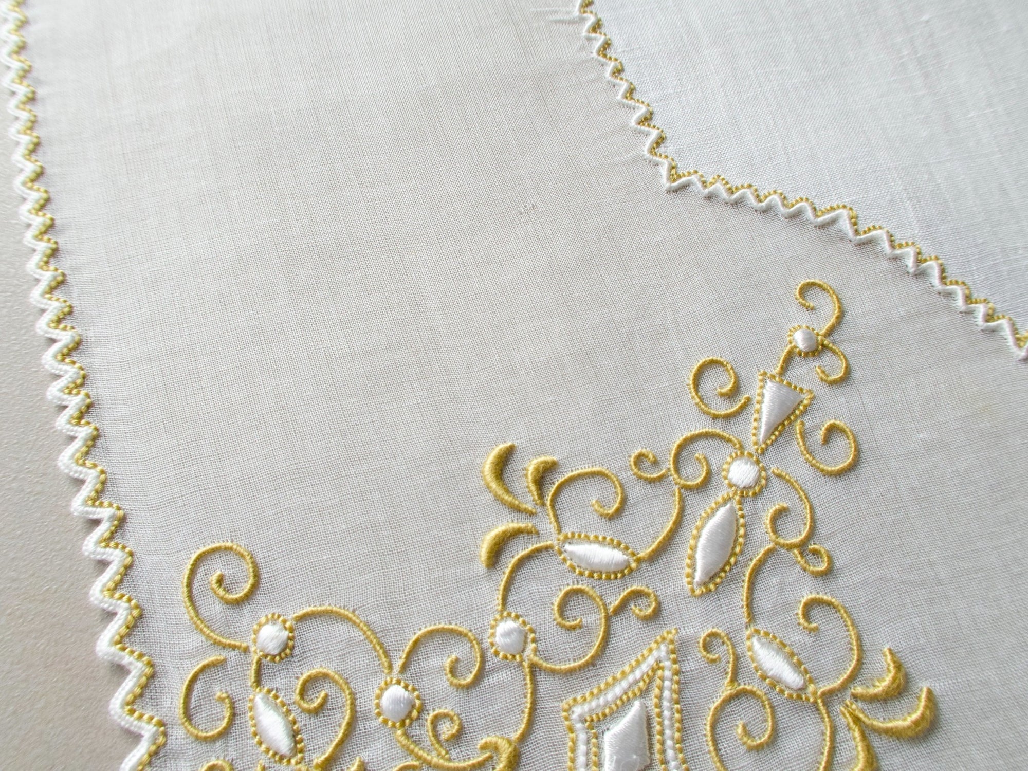 Vintage Marghab handkerchief in the “Jewel” pattern, with gold embroidery on sheer organdy and a linen center. Hand embroidered in Madeira.