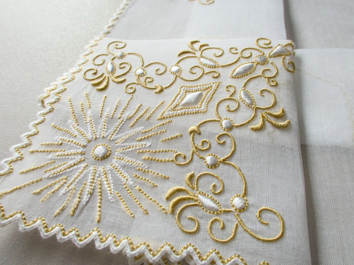 Vintage Marghab handkerchief in the “Jewel” pattern, with gold embroidery on sheer organdy and a linen center. Hand embroidered in Madeira.