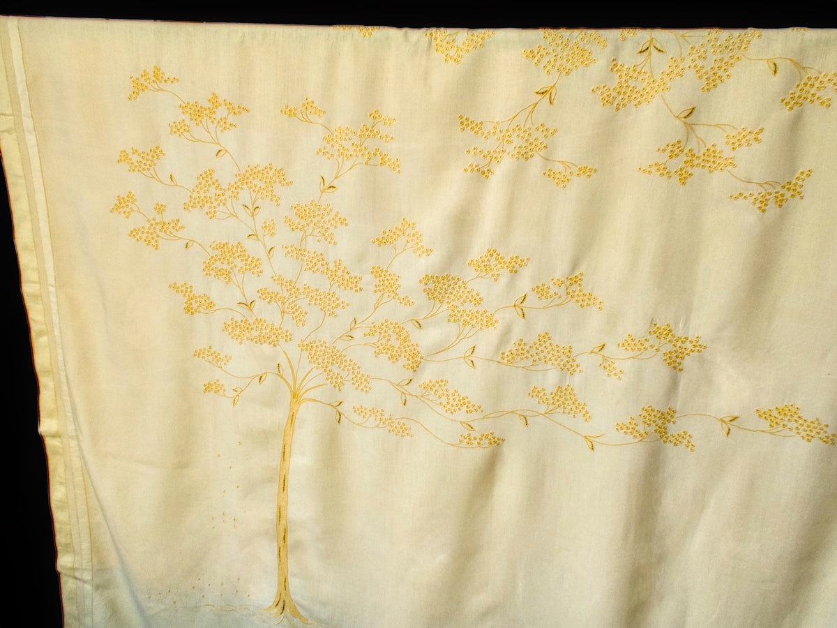 Full view of vintage yellow Marghab Jacaranda Tree tablecloth showing mirrored tree design