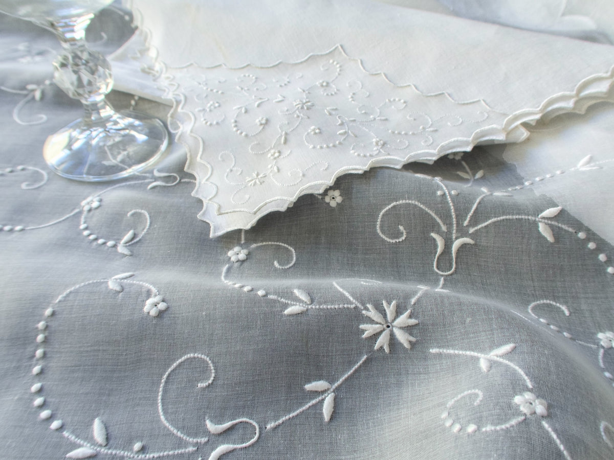 Vintage Marghab Marlace organdy tablecloth with white scrollwork, hand embroidered in Madeira