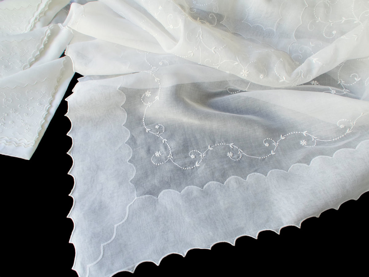 Detail of scalloped edge on vintage Marghab organdy tablecloth, hand embroidered in Madeira