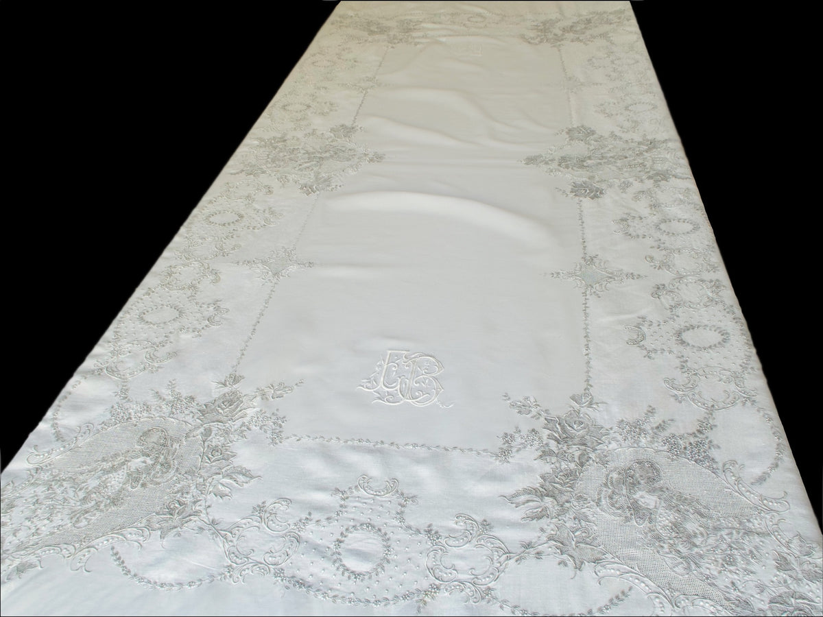 top view of Swiss Appenzell embroidered tablecloth with figural design of ladies in period costumes