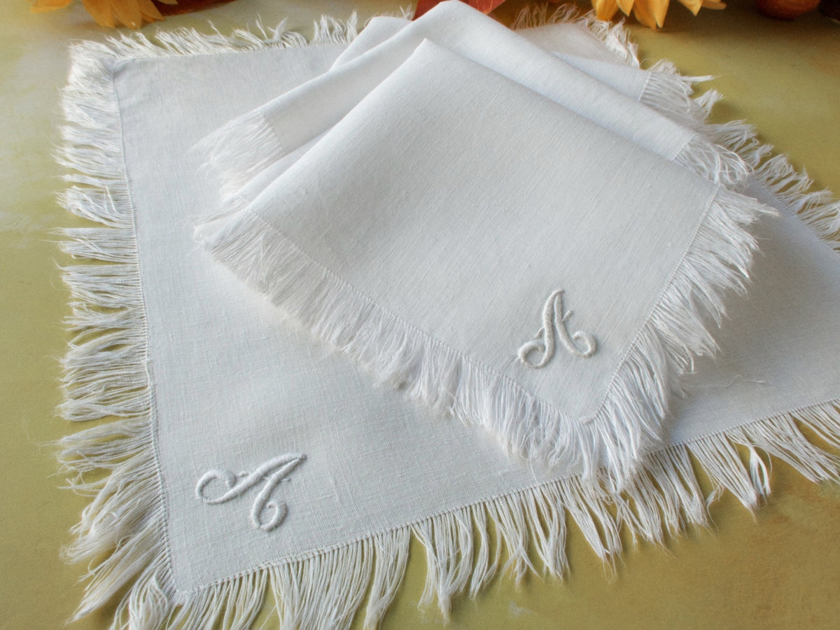 &quot;A&quot; Monogram Vintage Fringed Linen Tea Napkins, Set of 6