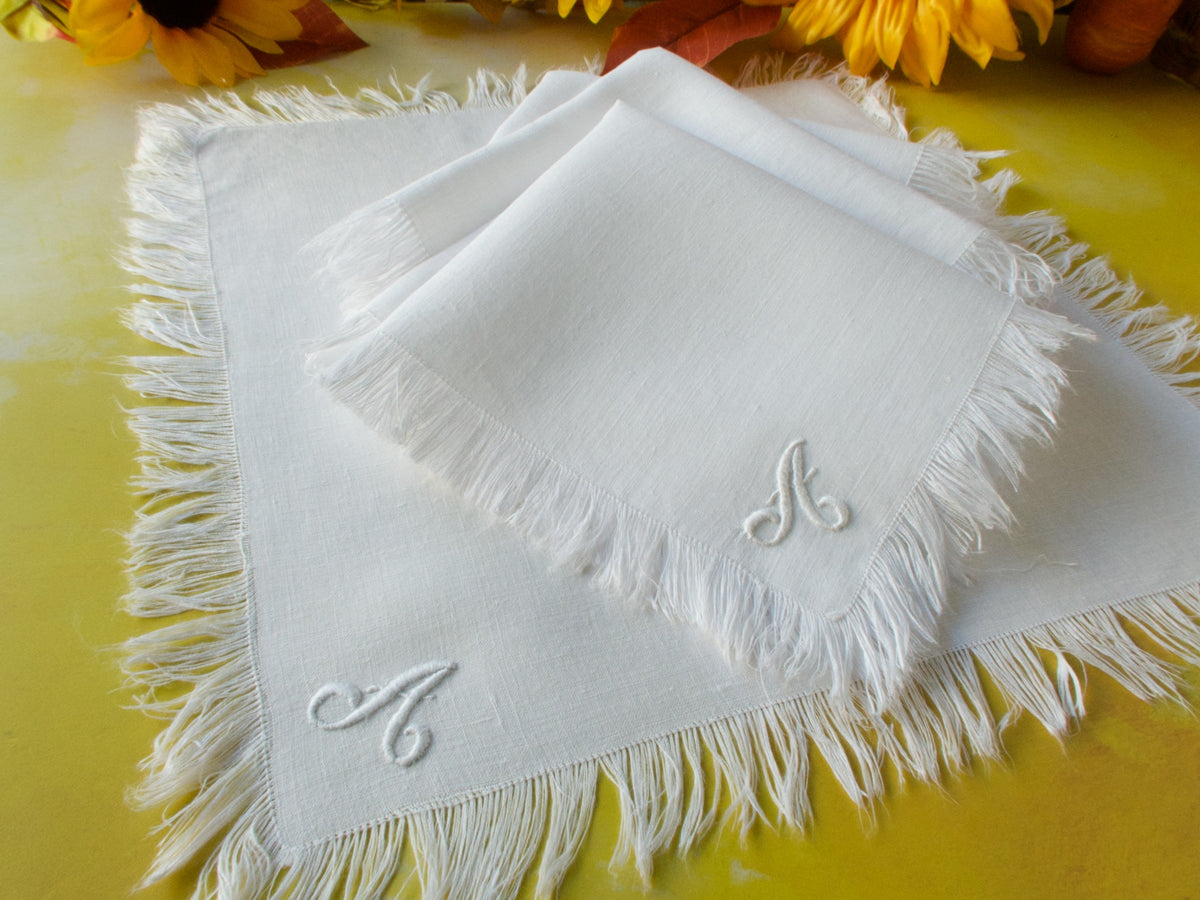 &quot;A&quot; Monogram Vintage Fringed Linen Tea Napkins, Set of 6
