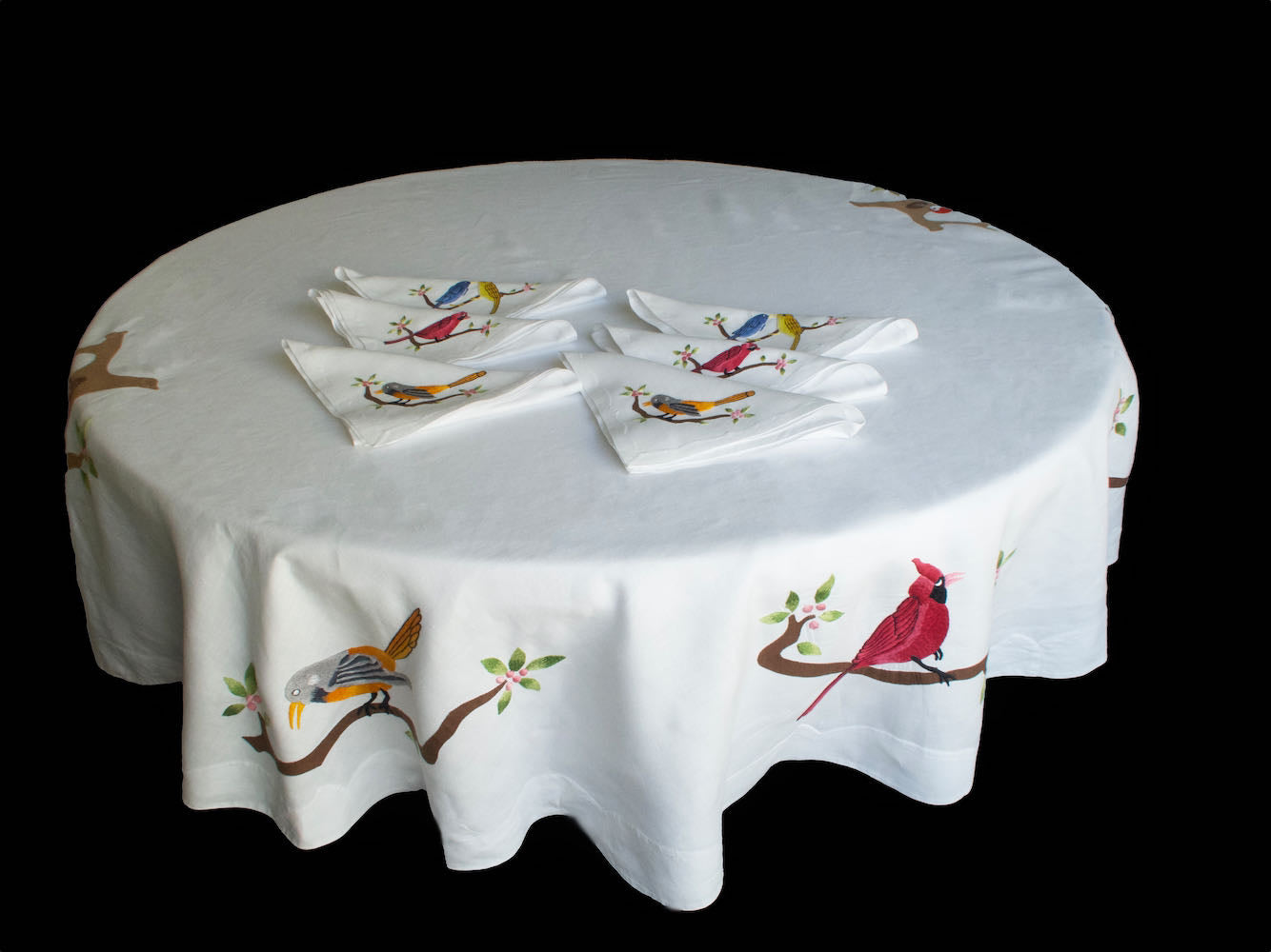 Colorful Birds Madeira 72" Round Linen Tablecloth & 6 Napkins