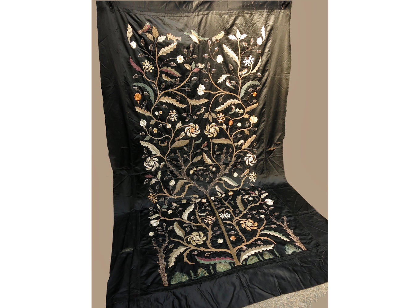Tree of Life w/ Birds Antique 19thC Embroidered Silk Panel 65x104