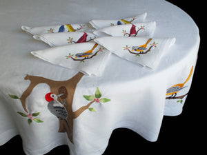 Colorful Birds Madeira 72" Round Linen Tablecloth & 6 Napkins