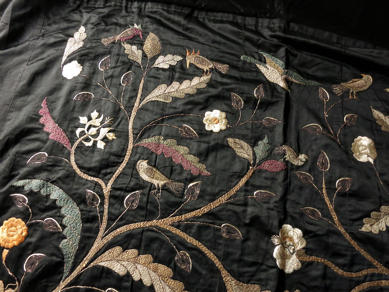 Tree of Life w/ Birds Antique 19thC Embroidered Silk Panel 65x104