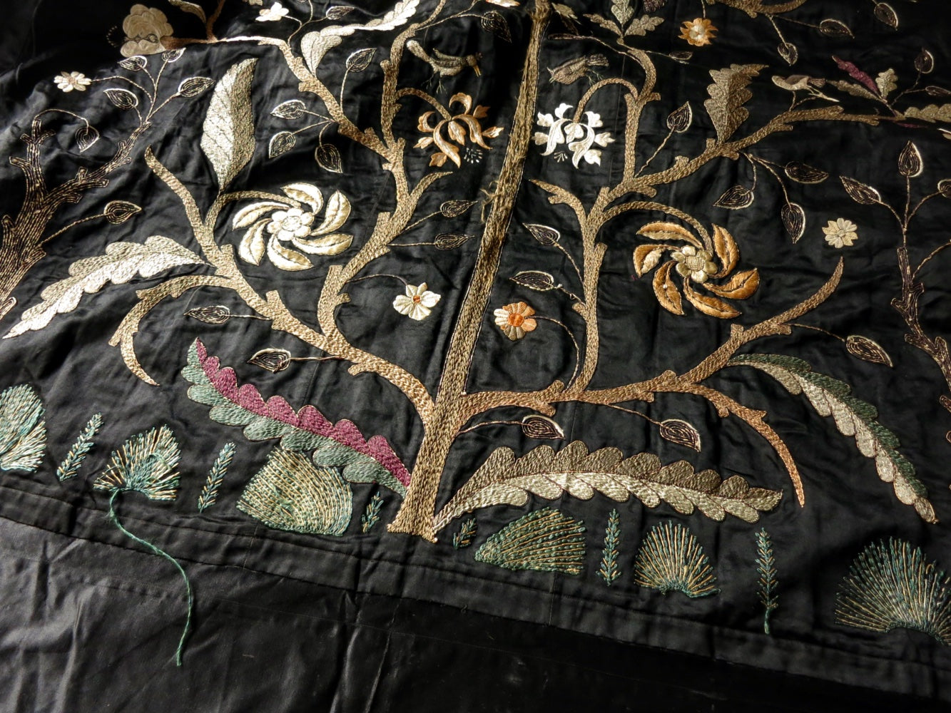 Tree of Life w/ Birds Antique 19thC Embroidered Silk Panel 65x104