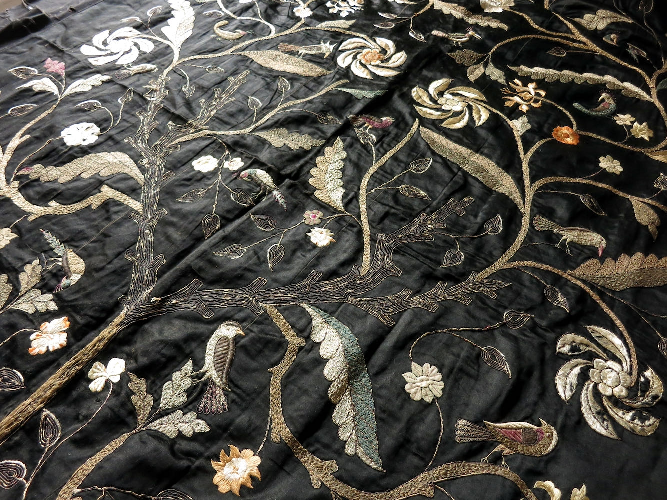 Tree of Life w/ Birds Antique 19thC Embroidered Silk Panel 65x104