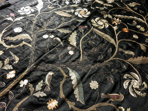 Tree of Life w/ Birds Antique 19thC Embroidered Silk Panel 65x104