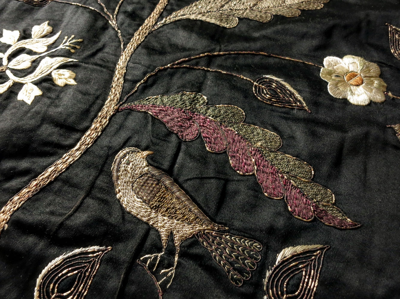 Tree of Life w/ Birds Antique 19thC Embroidered Silk Panel 65x104