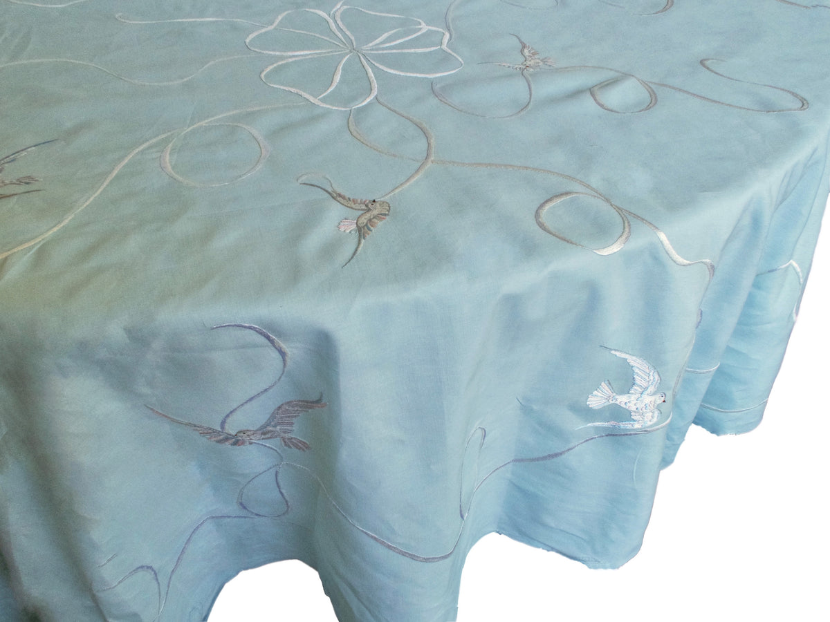 Birds &amp; Bows Vintage Hand Embroidered 108&quot; Round Tablecloth 12 Napkins
