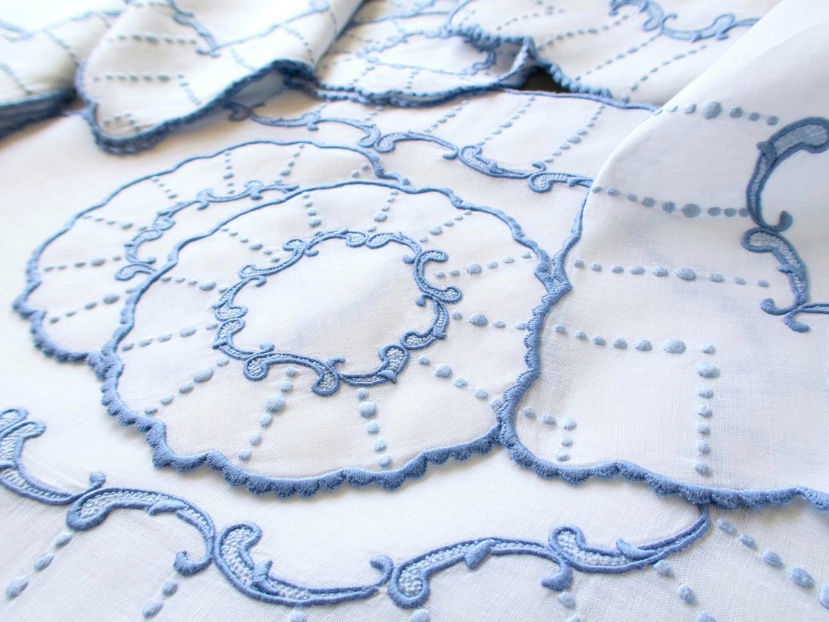 Blue & White Vintage Madeira 36pc Linen Placemat Set for 12