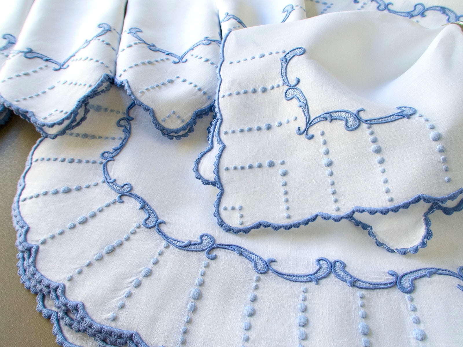 Blue & White Vintage Madeira 36pc Linen Placemat Set for 12