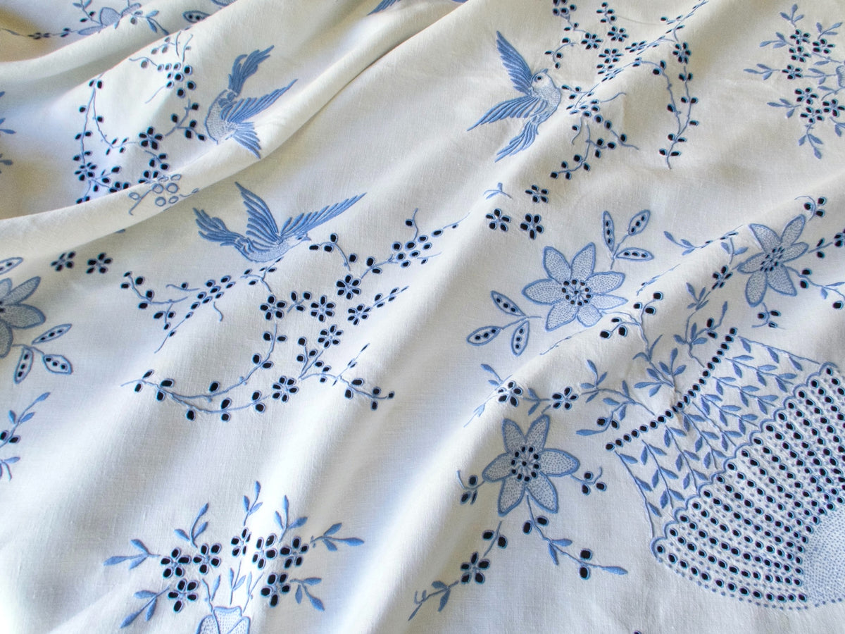 Birds in Blue Vintage Madeira Embroidered Tablecloth 52&quot;