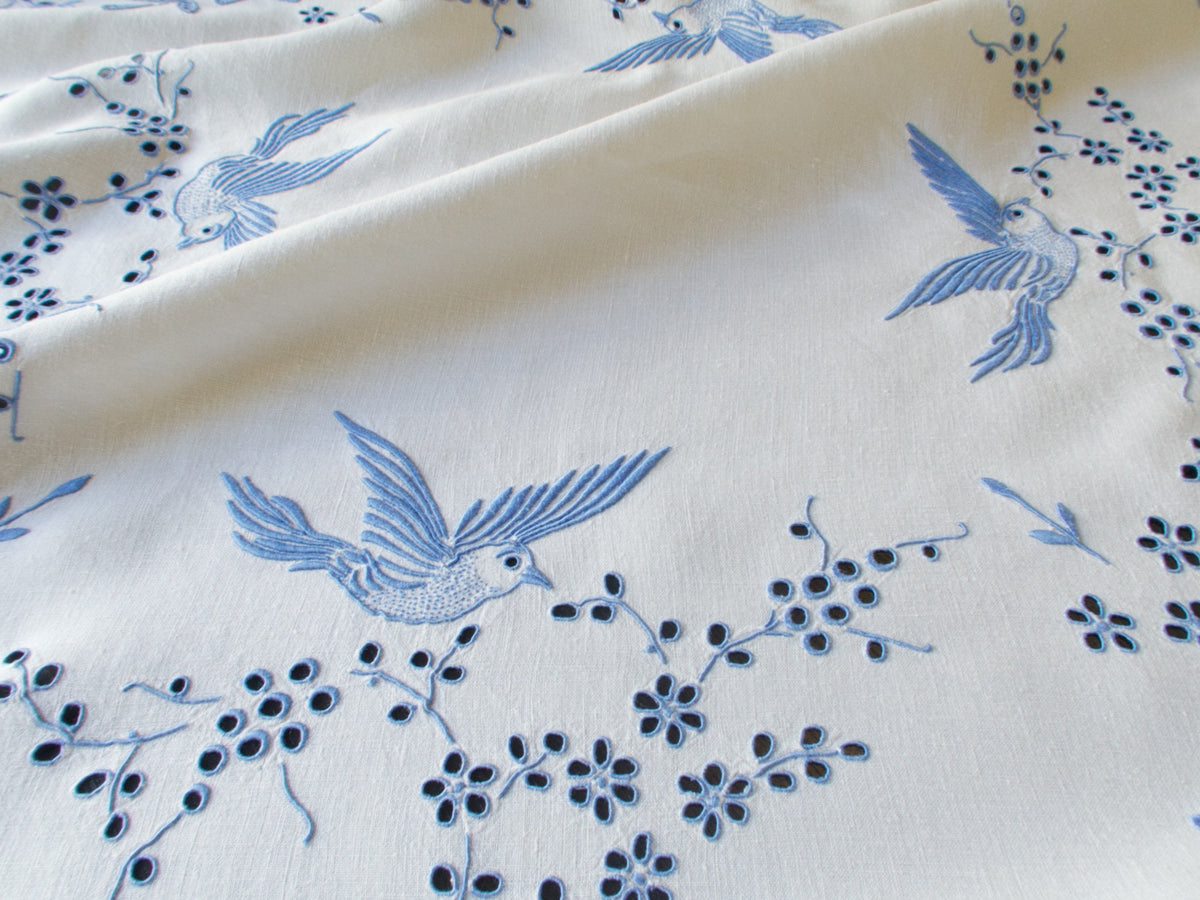 Birds in Blue Vintage Madeira Embroidered Tablecloth 52&quot;