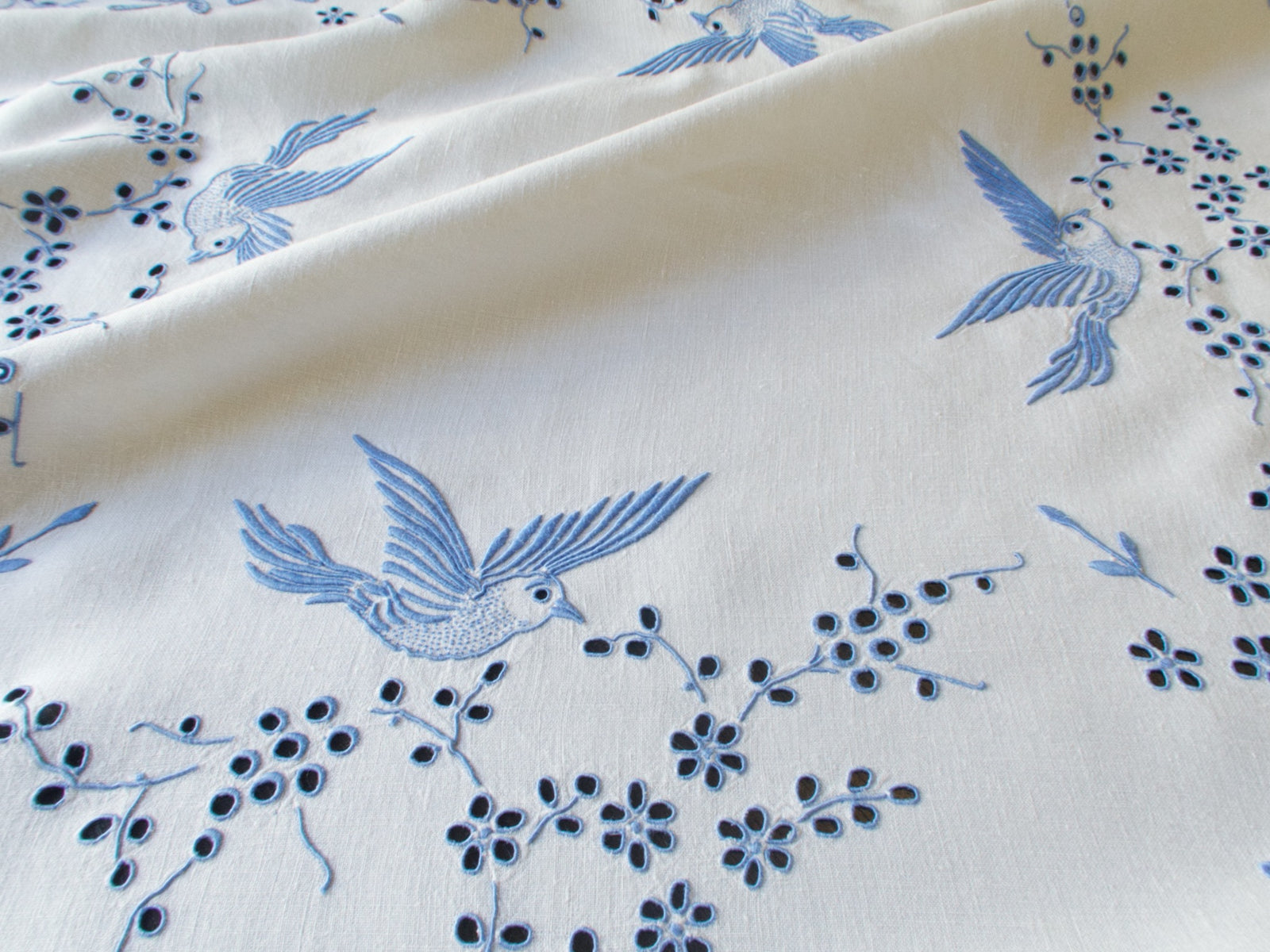 Birds in Blue Vintage Madeira Embroidered Tablecloth 52"