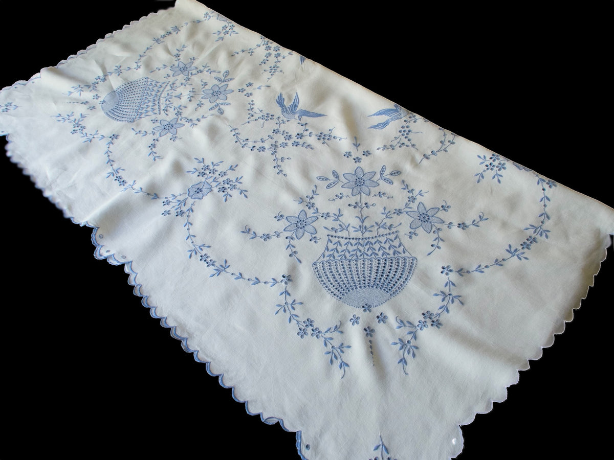 Birds in Blue Vintage Madeira Embroidered Tablecloth 52&quot;