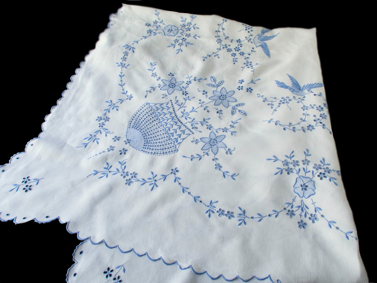 Birds in Blue Vintage Madeira Embroidered Tablecloth 52&quot;