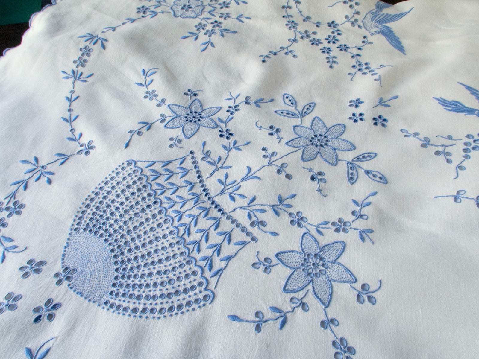 Birds in Blue Vintage Madeira Embroidered Tablecloth 52"