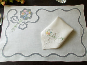 Bouquets Vintage Madeira 17pc Linen Placemat Set for 8