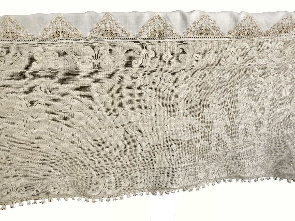 Medieval Hunt Antique Italian Buratto Lace Tablecloth 64x108&quot;