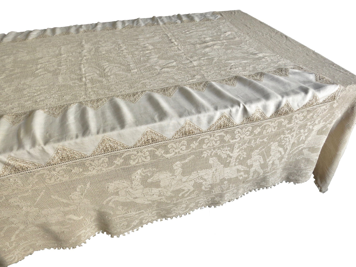 Medieval Hunt Antique Italian Buratto Lace Tablecloth 64x108&quot;