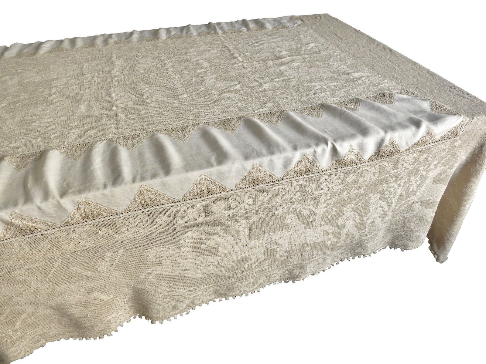 Medieval Hunt Antique Italian Buratto Lace Tablecloth 64x108"