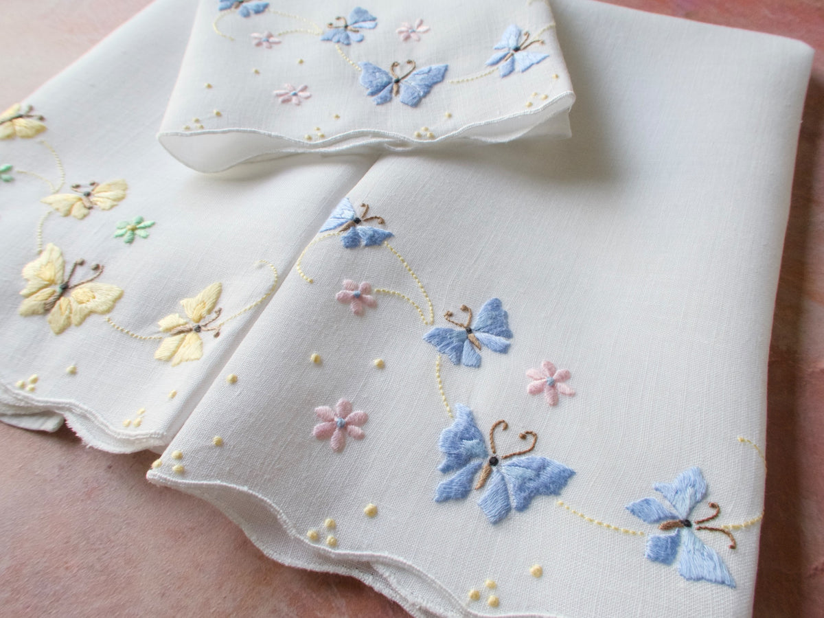 Butterflies Vintage Madeira Linen Guest Towels - Set of 3