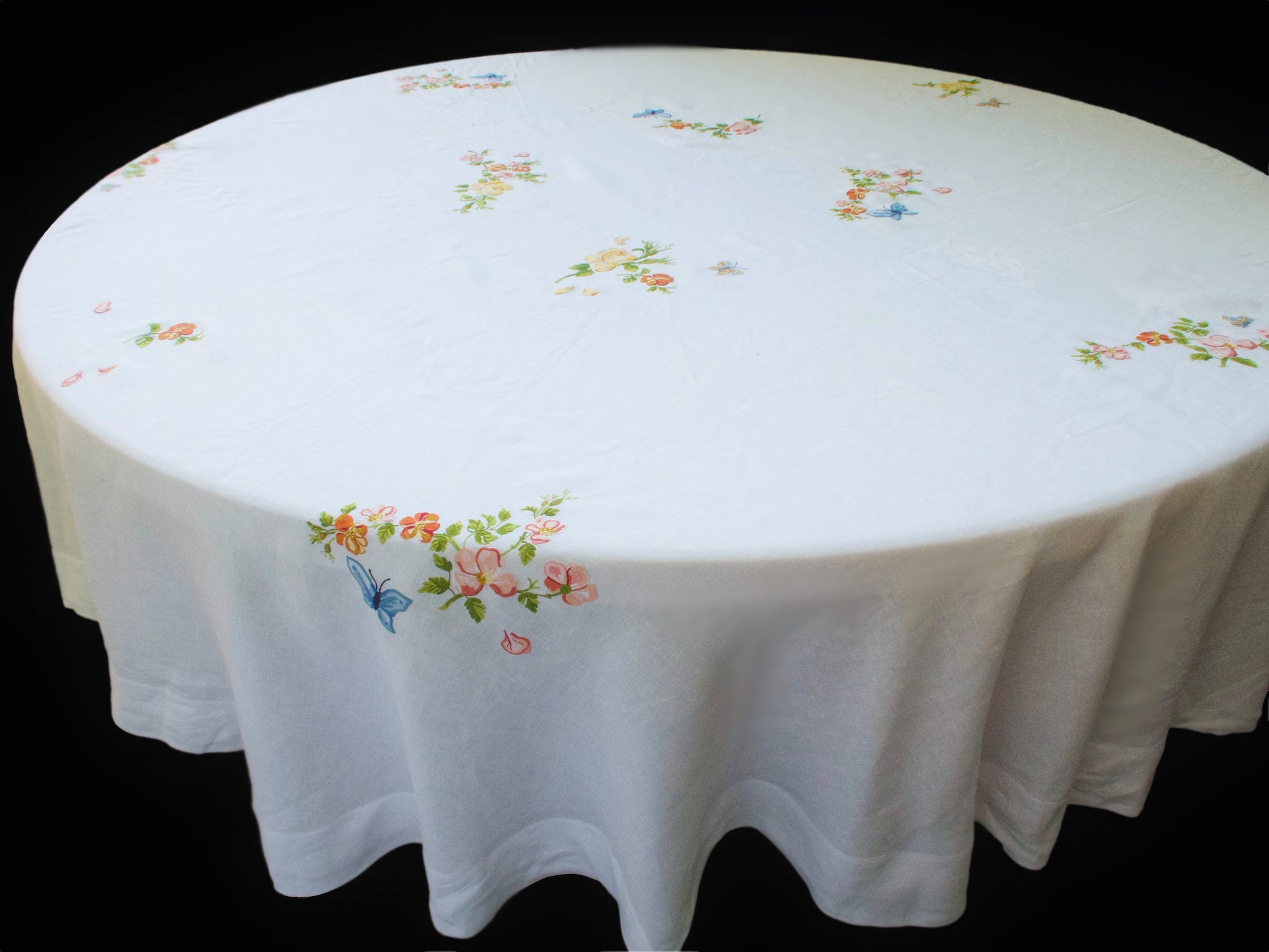 Vintage D Porthault Beauvais Butterflies 112" Round Tablecloth